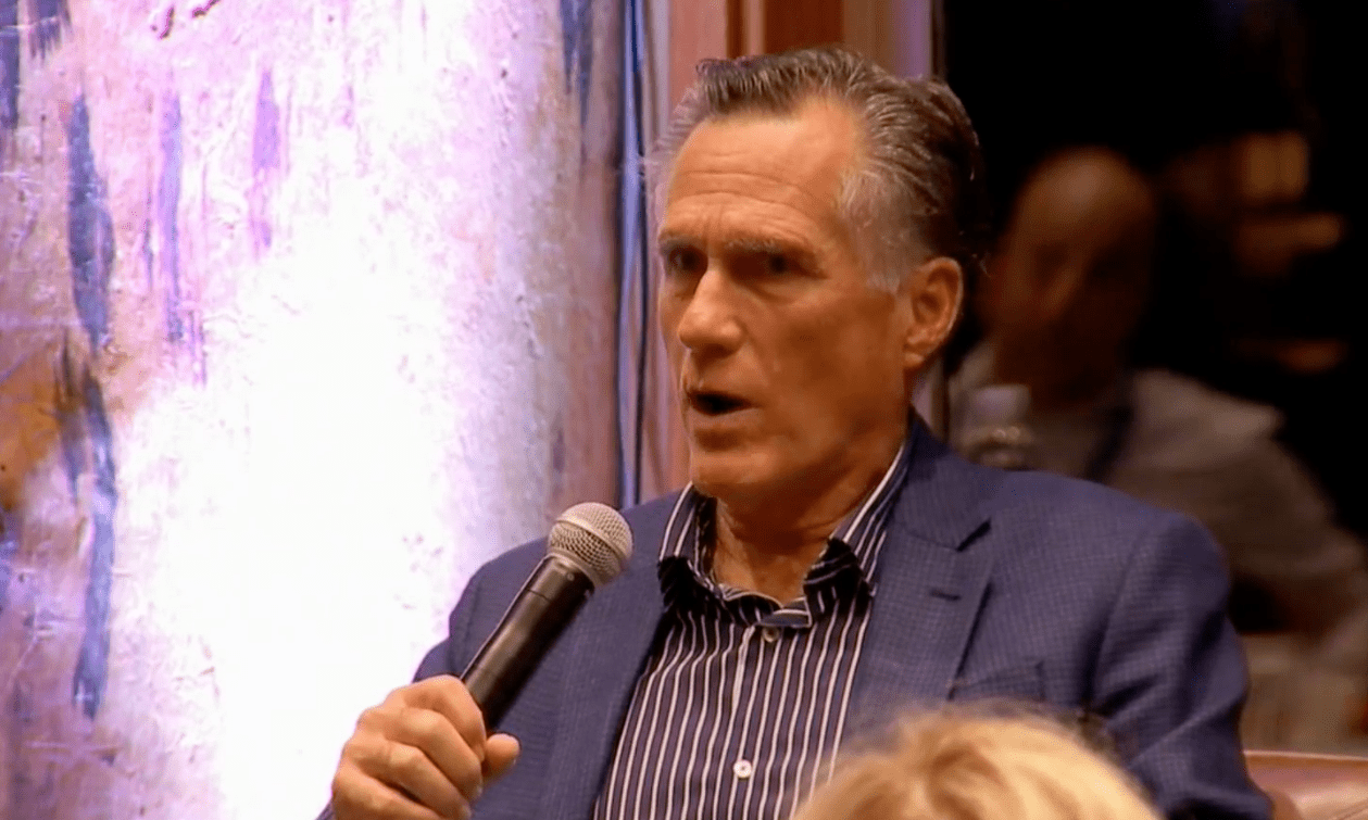 Sen. Mitt Romney speaks Tuesday on the first day of a two-day, closed-door meeting of Republican presidential candidates, in Park City.